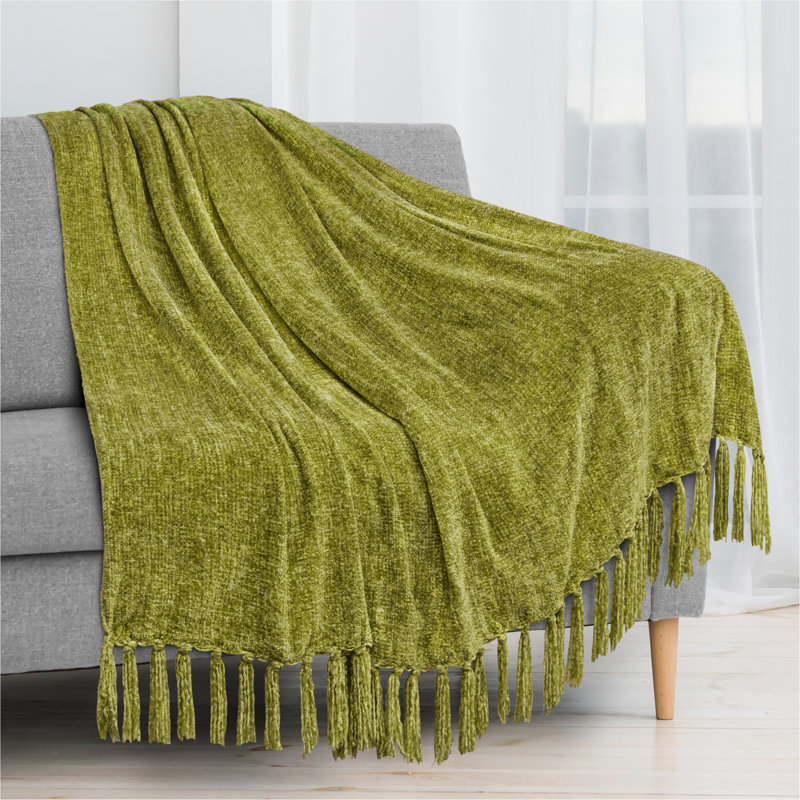 Olive Green Chenille Knit Throw Blanket with Tassel Fringe