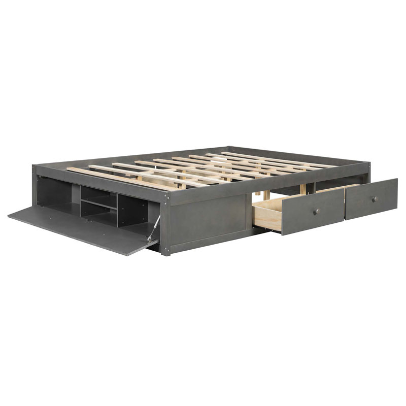 Queen Size Platform Bed Frame With 4 Storage Drawers And Hydraulic Lift Footboard Storage, No Headboard, Modern Space-Saving Design-Antique Gray