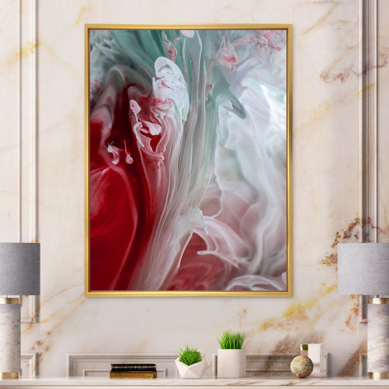 Art mural liquide en rouge et vert - décoration murale moderne en toile, H 32 po x l 16 po x P 1 po, Cadre flottant doré