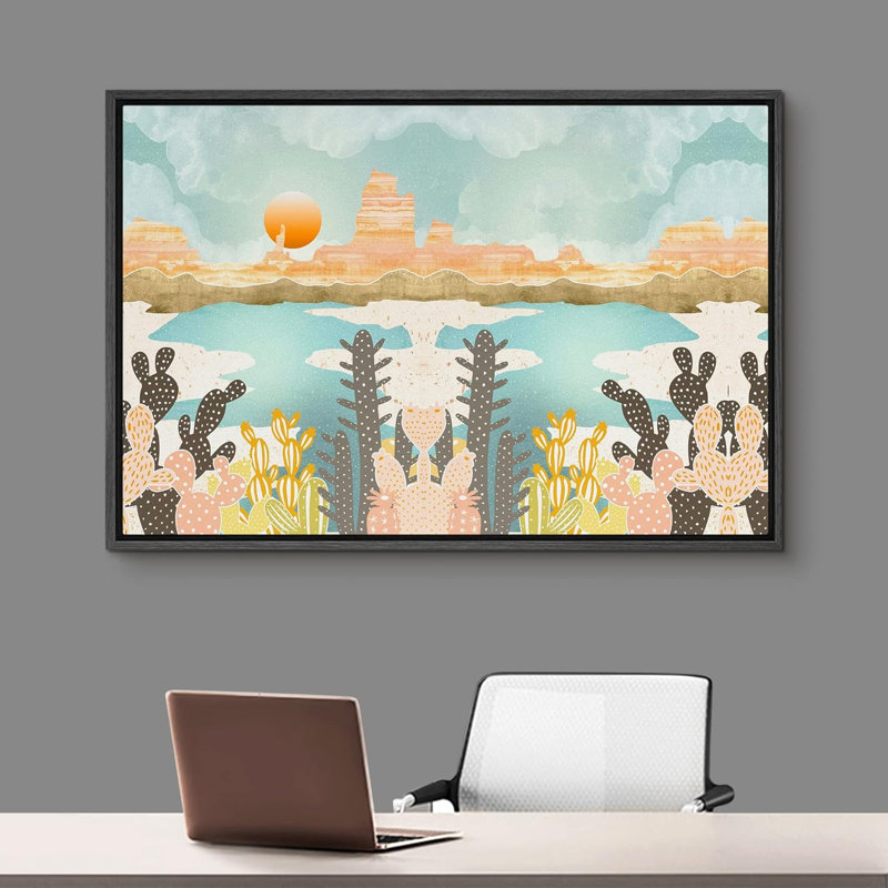 Sun Mountain Range, Canyon rose avec soleil orange et cactus, reproduction sur toile, H 16 po x l 24 po x P 1,5 po, Noir
