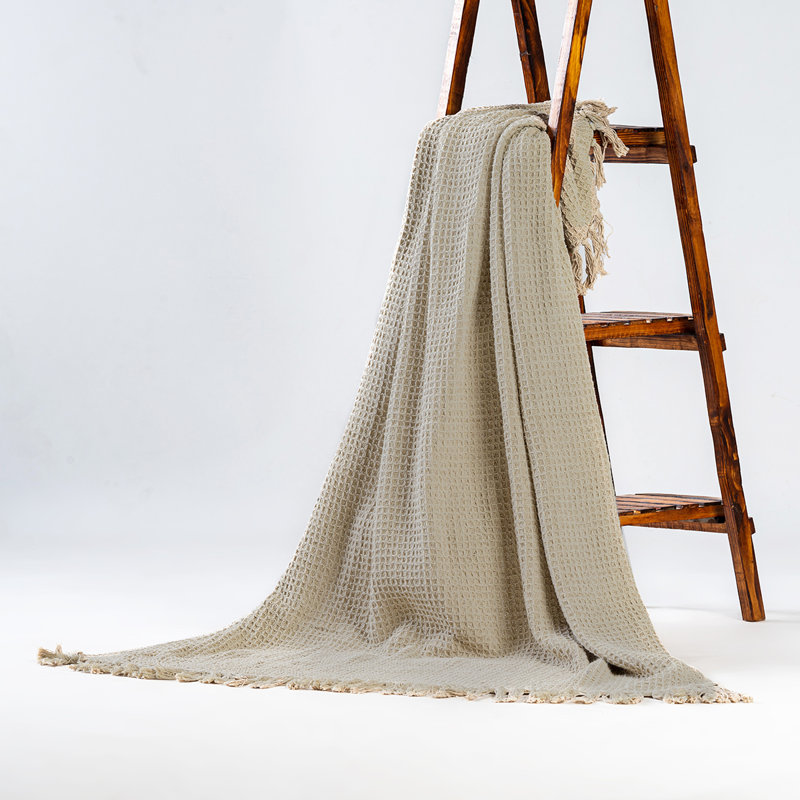 Beige Cotton Waffle Weave Lightweight Throw Blanket