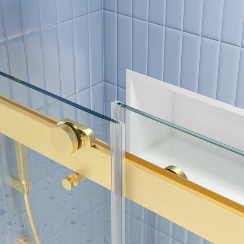 Porte de douche à dérivation, porte coulissante, système de fermeture en douceur, avec verre trempé de 5/16 po, Or brossé