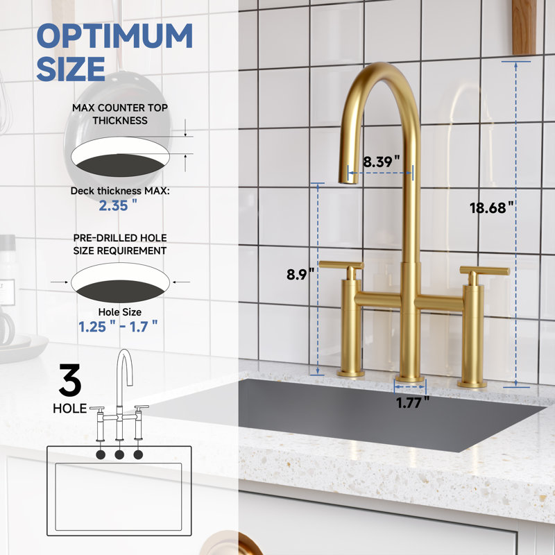 Bridge Kitchen Faucet with Hidden Pull Down Sprayer, 2 Handle 3 hole Widespread Kitchen Sink Faucet, Gold