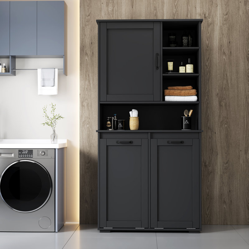 Armoire de buanderie autoportante avec panier inclinable et étagère ouverte réglable - plusieurs espaces de rangement, blanc