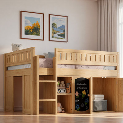 Loft Bed With Double-Door Cabinet, Open Shelves And Chalkboard Panel