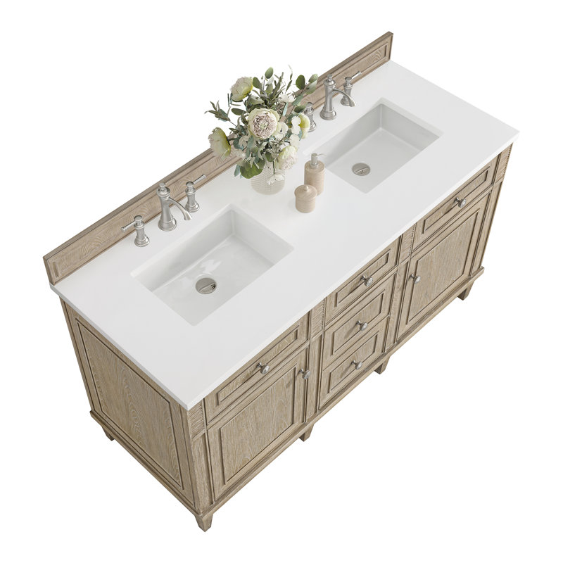 Lorelai 60'' W Double Vanity, Whitewashed Oak, White Zeus, 8" Widespread