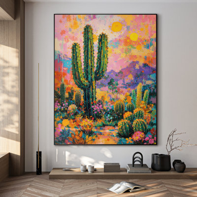 Très grand art mural imprimé sur tissu - Jardin de cactus vibrant dans les couleurs du désert du coucher du soleil pour la chambre à coucher - «Assemblage requis du cadre (cadre non fini)»