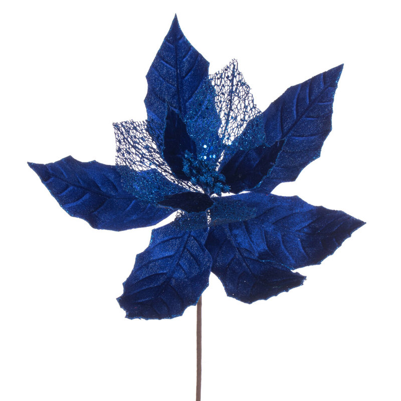 Tissu avec tige de poinsettia, Bleu