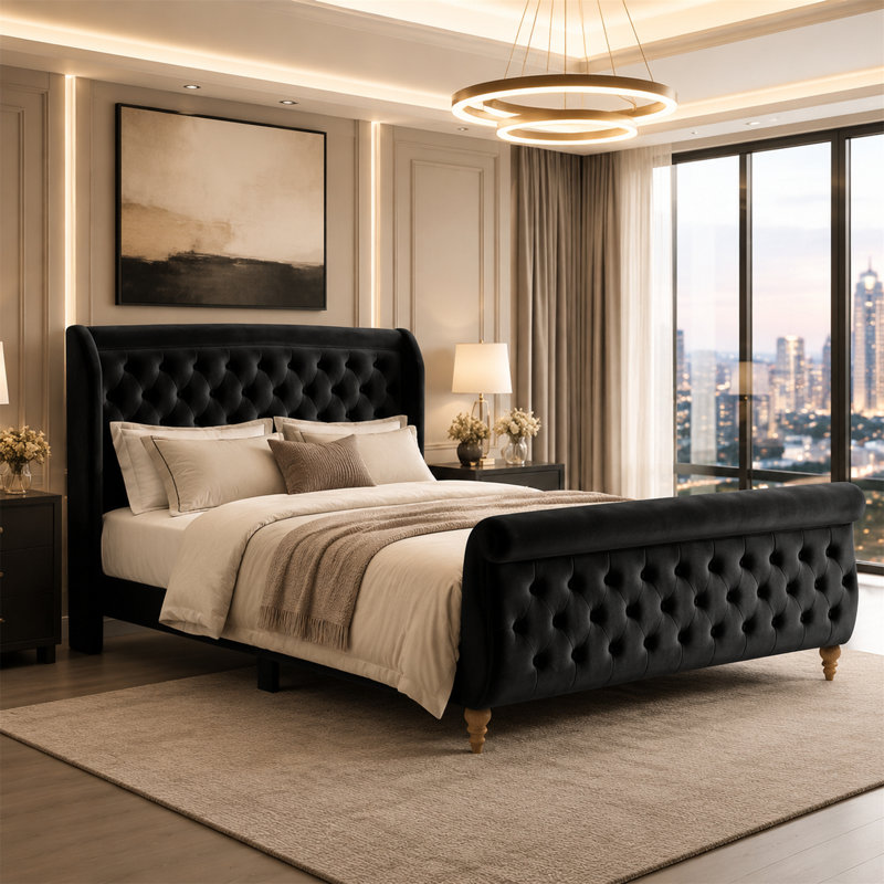 Lit traîneau Queen Size en velours avec tête de lit à oreilles, sommier non requis, noir, Noir