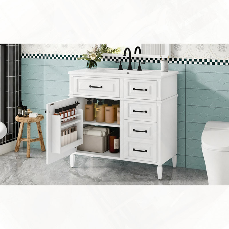 Meuble-lavabo autoportant avec tiroir escamotable en céramique et tablette réglable, Blanc