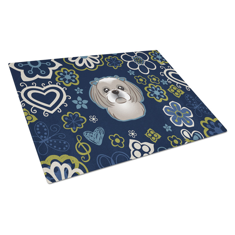 Planche à découper fleurs en verre trempé caroline, Shih Tzu gris et argenté