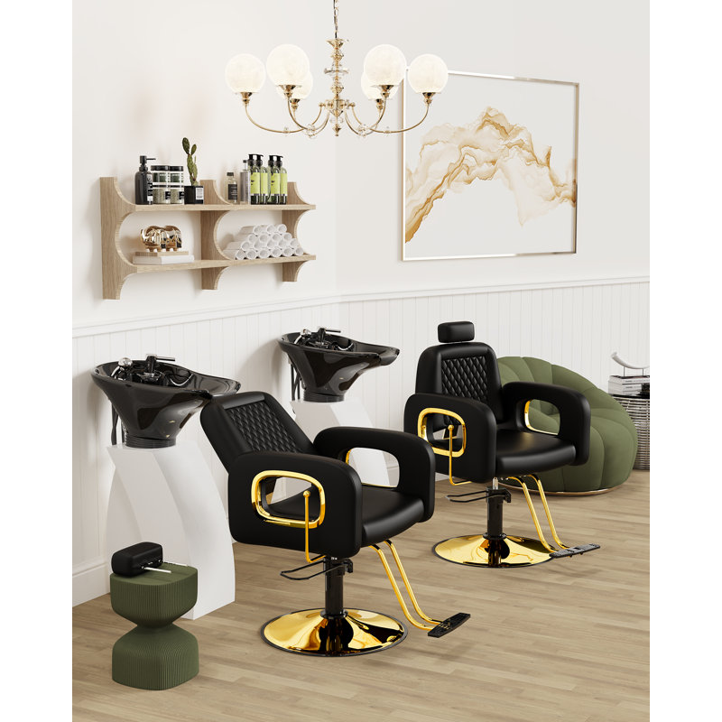 Fauteuil Inbox Zero noir confortable pour le salon, appui-tête réglable et dossier inclinable, fauteuil de coiffeur de qualité supérieure avec structure en acier, fauteuil de coiffure élégant en cuir souple, capacité de poids de 440 lb