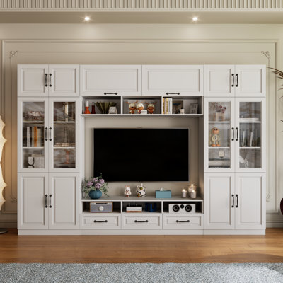 Meuble audio-vidéo de 126 po avec portes et tiroirs en verre, grand meuble télé pour téléviseur de 70 po ou moins, console multimédia pour le salon, peut être divisé en 4 armoires séparées, blanc