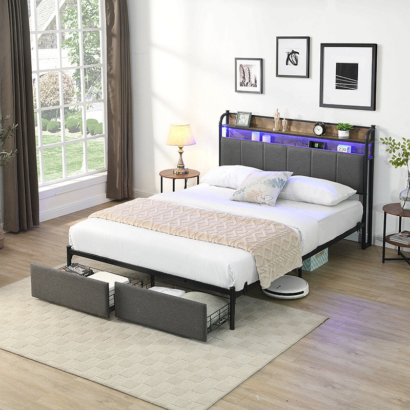 Bed Frame, Storage Headboard With Charging Station, Solid And Stable, Noise Free, No Box Spring Needed, Easy Assembly, Queen