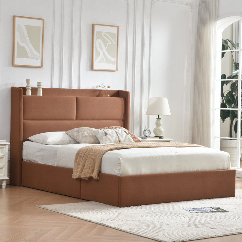 Lit plateforme tapissier avec levage hydraulique, Ocre, Double