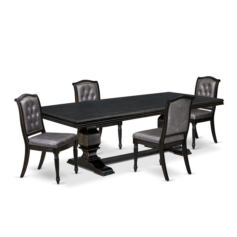 L'ensemble de table de salle à manger 5 pièces se compose d'une table en bois et de 4 chaises de salle à manger en similicuir gris foncé avec dossier capitonné - fini noir sablé