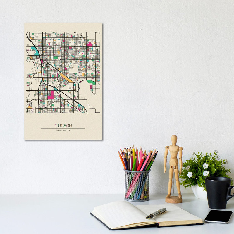 Tucson, Arizona Map by Ayse Deniz Akerman - Wrapped Canvas Gallery-Wrapped Canvas Giclée, 20.32 cm H x 30.48 cm W