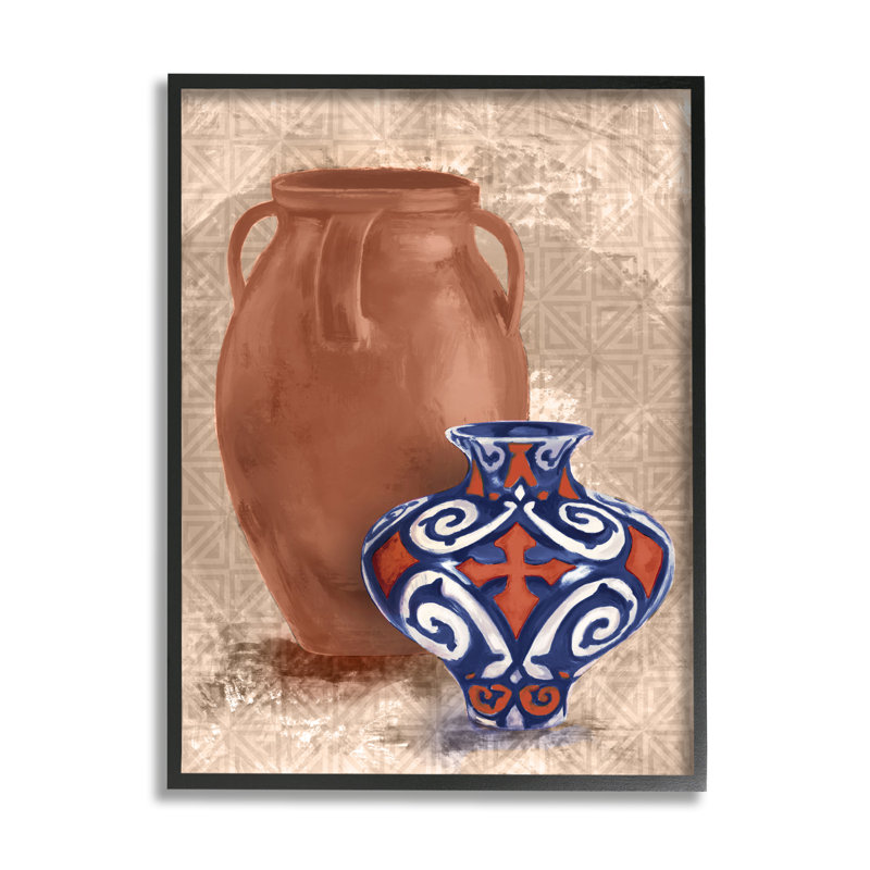 Paire de poterie moderne, nature morte, motif de lignes géométriques, ferme rustique surdimensionnée, estampe numérique, art texturé par Daphne Polselli