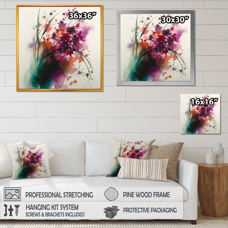 Vinoy, fleurs mauves et vertes élégantes sur toile, H 16 po x l 16 po x P 1 po, Cadre photo noir