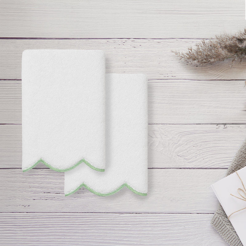 100% Turkish Cotton ADORNIA Scallop 2PC Fingertip Towel Set, White/Green, Fingertip Towel - 2 Pack