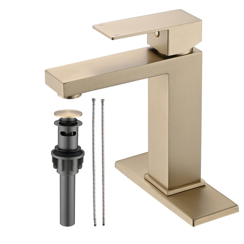 Robinet de salle de bain 1 trou - Design moderne en acier inoxydable brossé au fini or brossé avec évier et assemblage