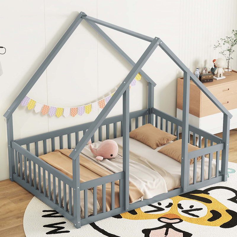 House-Shaped Floor Bed with Fence, Guardrails, Gray, Full