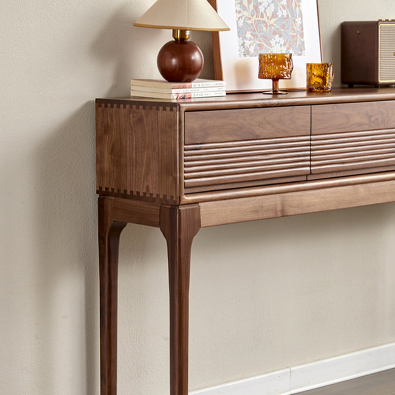 Console à trois tiroirs en bois massif brun cannelé, 62.99"W*12.6"D*35.43"H