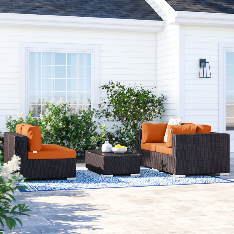 Modway Convene Wicker Rattan 5-Piece Outdoor Patio Furniture Set, Orange