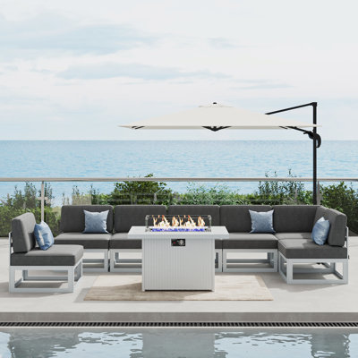  Ensemble de meubles de patio en aluminium 8 pièces avec table de feu, ensemble modulaire d'extérieur pour conversation en L