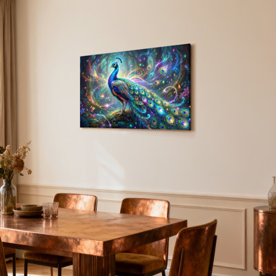Ensemble de 1 tableau sur toile tendue représentant un paon fantastique aux plumes cosmiques