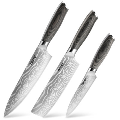 Hecef 3‑Piece Kitchen Knife Set – Full‑Tang 5Cr15mov Stainless Steel, 12° Edge, Laser‑Etched Japanese‑Style Pattern, Ergonomic Wood Handles, Gift Box