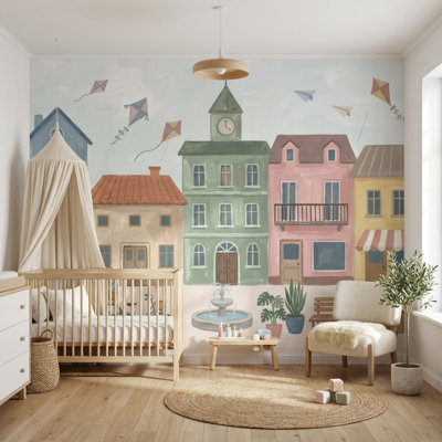 Whimsical Town Wallpaper Illustrative Bicycle Wall Mural