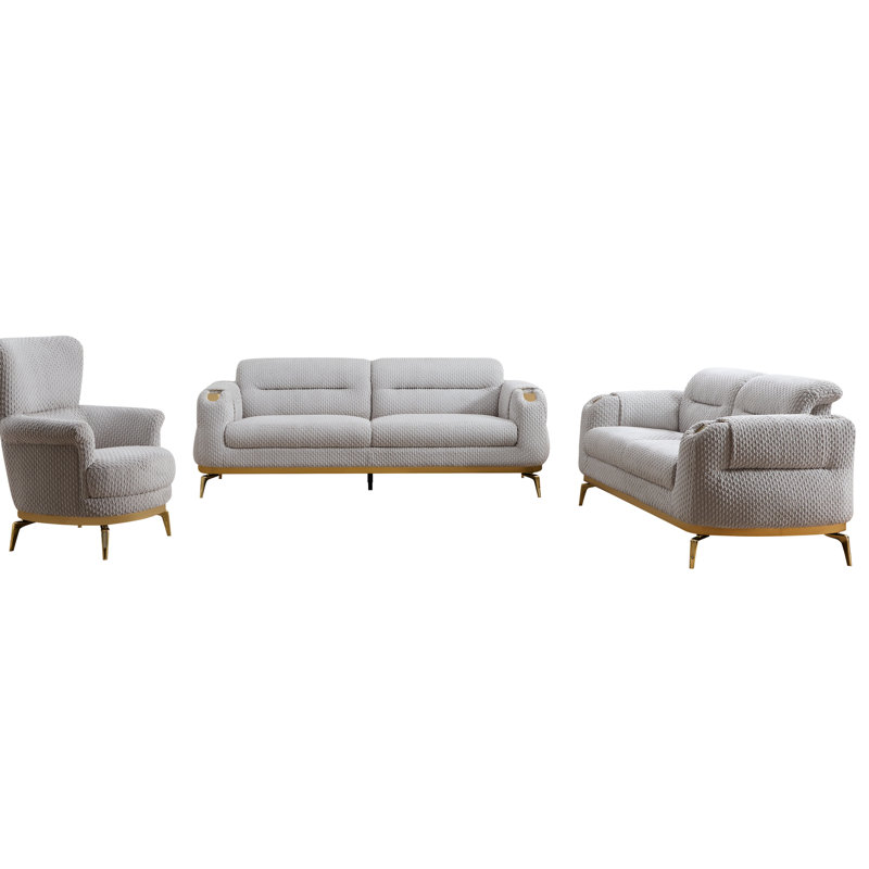 Ensemble de salon 3 pièces gris avec accoudoirs et pieds décoratifs dorés, revêtement lombaire doux, design moderne, fermeté moyenne ferme, dossier rembourré, accoudoirs roulés pour la zone principale