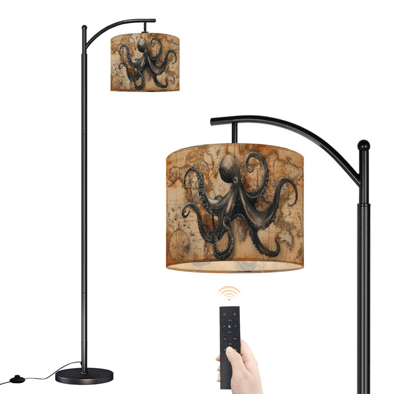 Lampe sur pied à arc avec abat-jour réglable rétro nautique rétro plage pieuvre carte sur pied lampe nautique 3 températures de couleur à intensité variable grand poteau avec interrupteur au pied pour la chambre à coucher