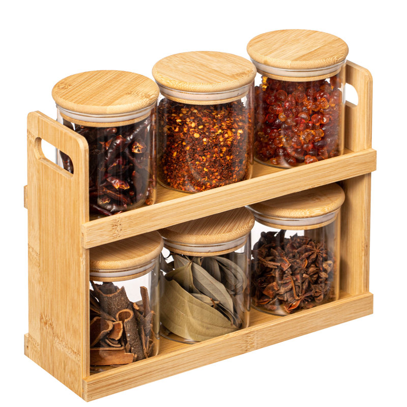 Support à épices et garde-manger en bambou à 2 niveaux avec 6 bocaux en verre Basicwise