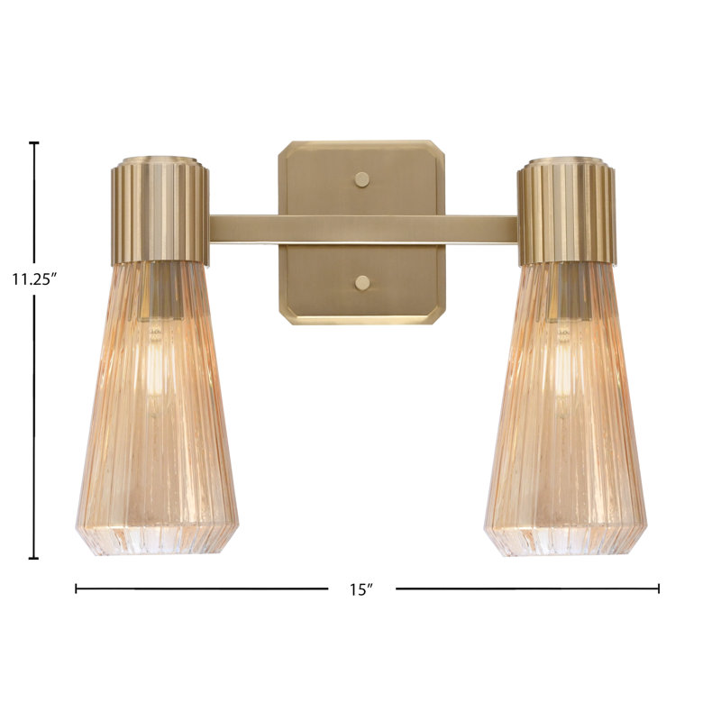 Barre d'éclairage de salle de bain 2 lumières Everleigh, fini laiton vieilli avec verre ambré 4 po, 15 po de largeur, Laiton