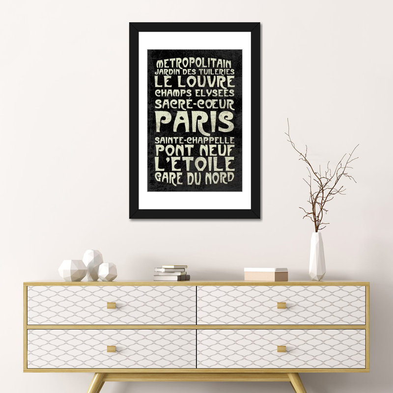 Paris, toile flottante, art textuel sur toile, H 24 po x l 16 po x P 1 po, Papier beaux-arts encadré noir, Blanc
