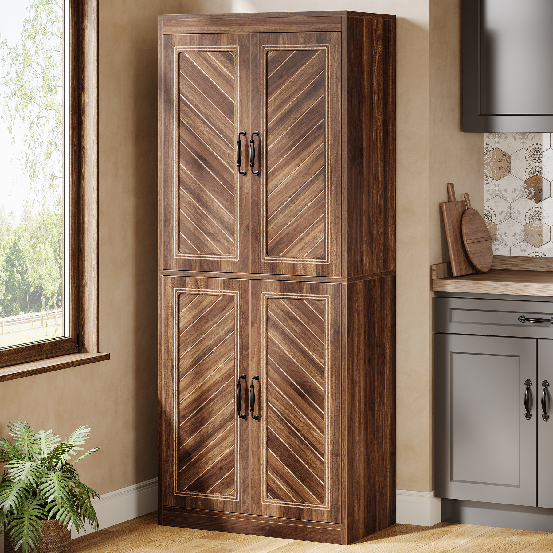 Millwood Pines Kitchen Pantry Cabinet, 69" Tall Pantry Storage Cabinet with 4 Doors | Wayfair