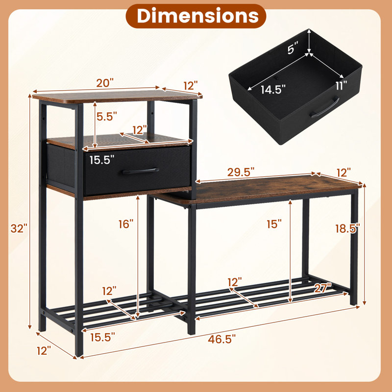 Banc à chaussures à 3 niveaux avec tiroir et structure métallique, banc d'entrée avec rangement
