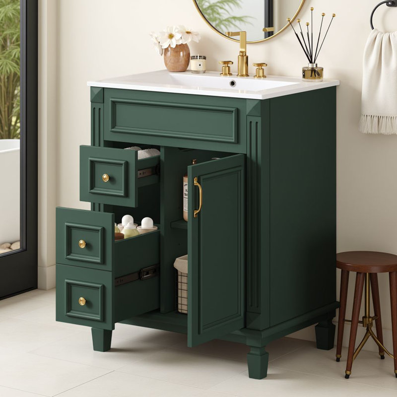 24" Free-Standing Bathroom Vanity With Ceramic Sink & Storage Cabinet With 2 Drawers & Adjustable Shelf & 1 Soft Closing Door