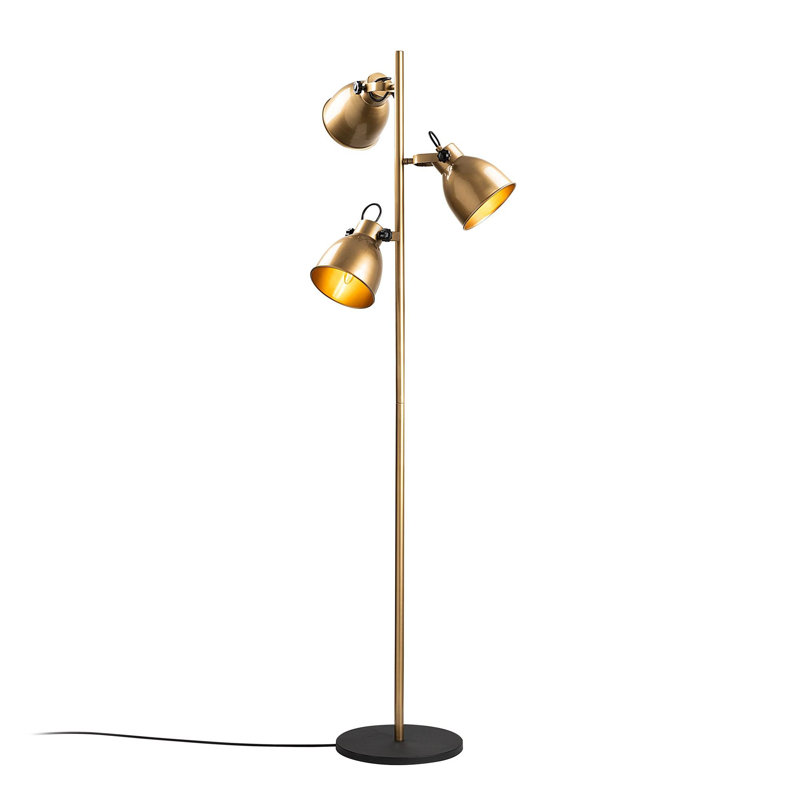 Lampe sur pied élégante avec corps en métal, finition dorée, 14,6 po x 14,6 po x 63,8 po | Plaque de base de 11,8 po de diamètre | Interrupteur marche / arrêt sur le câble | Style industriel | Parfait pour le salon, la chambre à coucher et le bureau