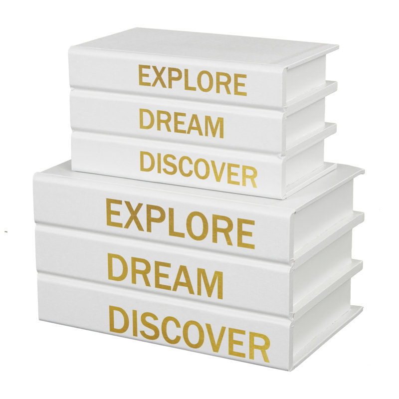 Annajoy Canvas Decorative Box with Gold Explore, Dream, Discover Text Set, White