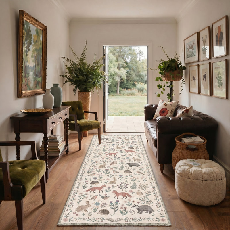 Rustic Woodland Creatures Machine Washable Oatmeal Beige Indoor Area Rug With Non-Slip Backing, Runner 2' x 6'