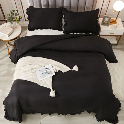 Ensemble d'édredon noir très grand lit, édredons et ensembles de literie de style campagnard chic 3 pièces, ensemble de literie en duvet synthétique toutes saisons doux et moelleux