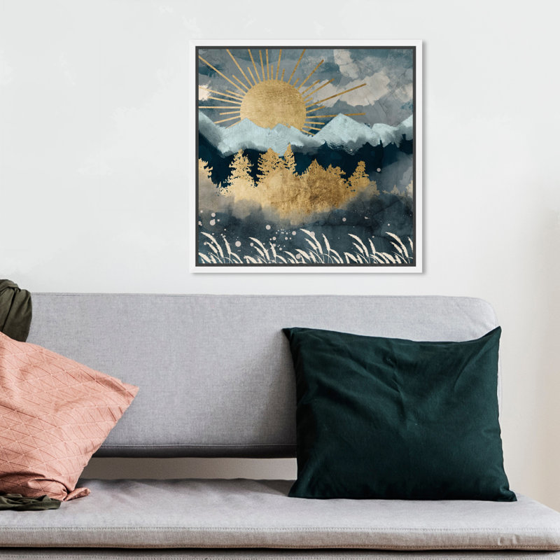 Nature et paysage aube au-dessus des montagnes, impression d'art moderne sur toile pour le salon, Cadre blanc