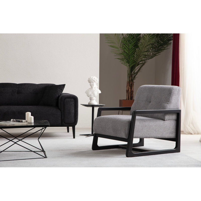 Fauteuil à oreilles élégant, gris clair, 26,4 x 31,5 x 30,3 pouces | Structure en bois de hêtre et pieds en bois noir, tissu 100% polyester, nettoyage à sec | Coussin en mousse et plumes gris doux, parfait pour le salon et le coin lecture