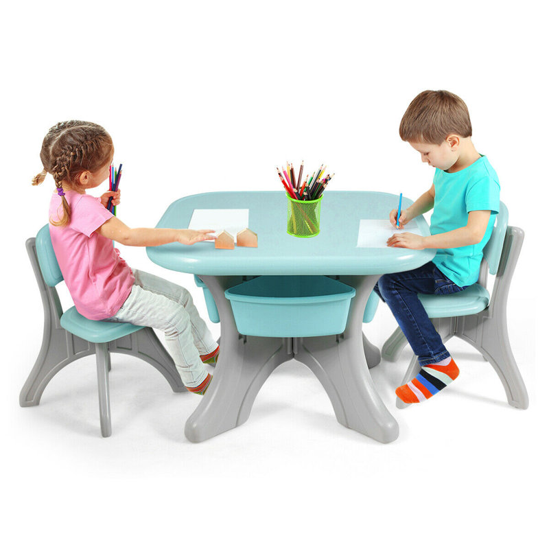 Hanner Kids 3 Piece Square Play Or Activity Table and Chair Set, Grey/Green