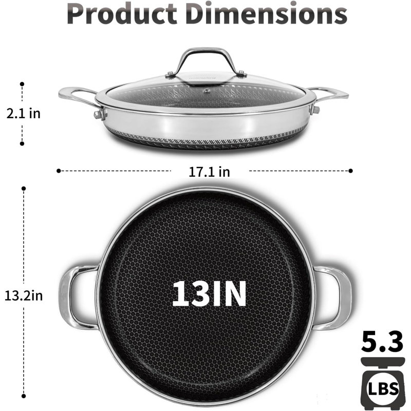 Hybrid Nonstick Skillet with Lid 13 Inch, Stainless Steel Paella Pan