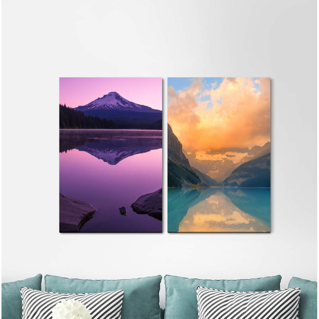 2-tlg. Leinwandbilder-Set - Grafikdruck "Horizon Abendrot Minimal Harmonic Soft Relaxing Peace"