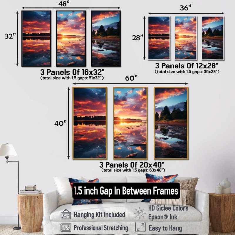 Horizon, coucher de soleil au bord du lac I - lac, art mural, H 28 po x l 36 po x P 1 po, Cadre flottant blanc